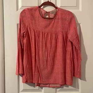 L Michael Kors Coral 3/4 Sleeve Shirt with White Tiny Leaf Detail